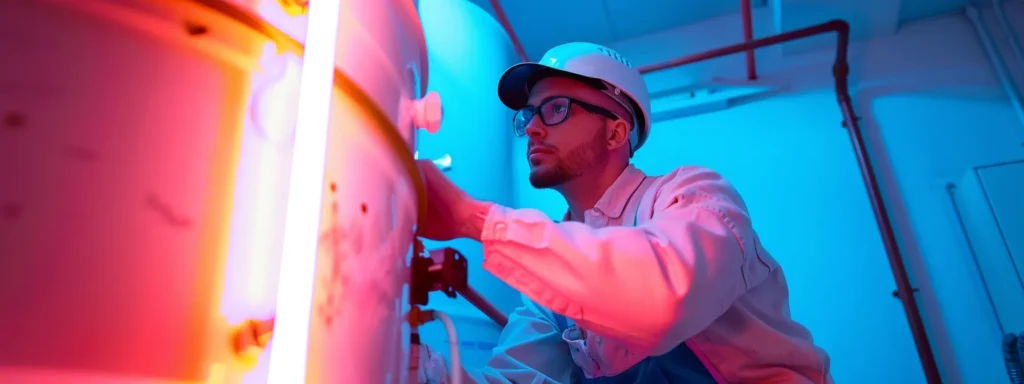 a vibrant image of a skilled plumber diligently inspecting a modern water heater in a spacious tacoma home, illuminated by warm, natural light that highlights the importance of prompt maintenance in preventing costly repairs.