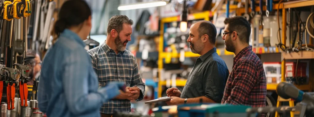 a vibrant scene showcasing a diverse group of tacoma business owners engaged in a lively discussion, surrounded by tools and equipment signifying reliable commercial services that have swiftly resolved urgent plumbing and maintenance issues.
