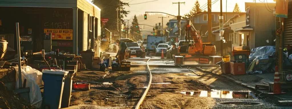 a vibrant urban plumbing scene in tacoma showcases a skilled plumber efficiently repairing a water line, surrounded by tools and materials, illuminated by warm afternoon sunlight filtering through nearby buildings.