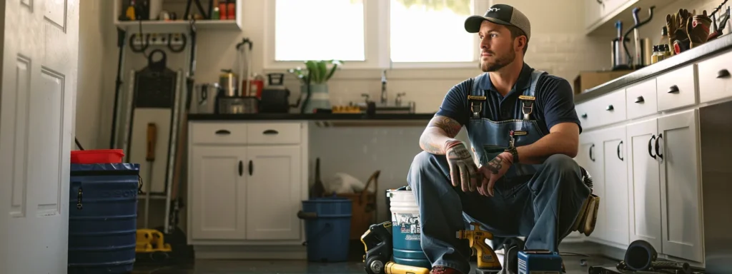 a visually striking image of a skilled plumber confidently inspecting pipes in a bright, modern tacoma home, surrounded by tools and plumbing equipment, showcasing expertise and professionalism.