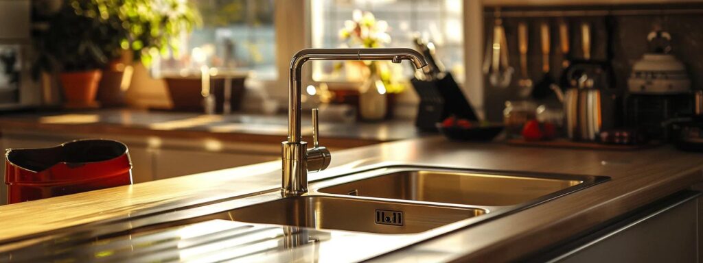a visually striking scene of a gleaming, modern kitchen sink with intricate plumbing components visible beneath, bathed in warm, natural light, symbolizing the importance of quality drain solutions and the value of informed plumbing choices for homeowners.