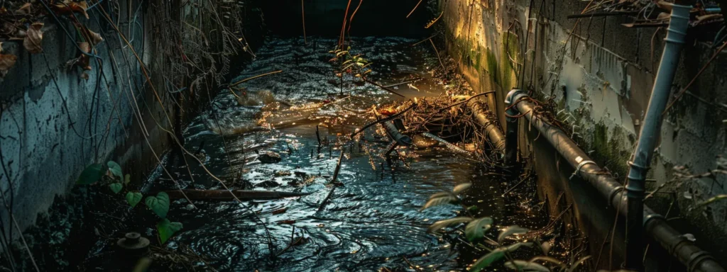 a visually striking scene of a neglected drainage system overflowing with murky water, surrounded by wilted vegetation and nearby plumbing tools, illuminated by harsh overhead lighting to highlight the urgency of proper maintenance.