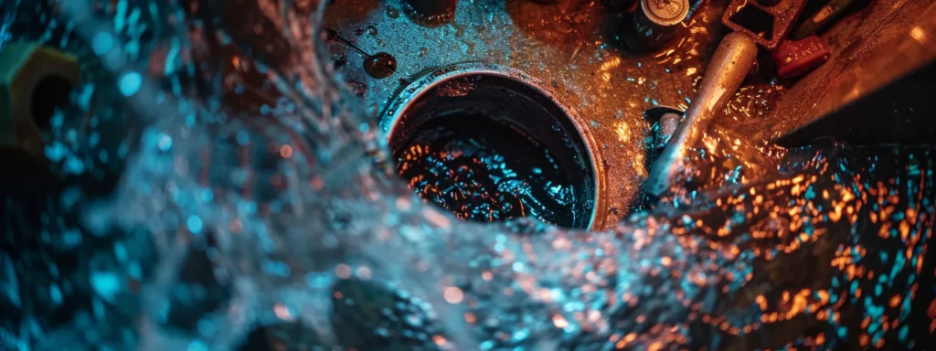 a vivid close-up of a clogged drain overflowing with murky water, surrounded by tools and materials suggesting urgent plumbing repairs, illuminated by warm, focused lighting that highlights the urgency of the situation.