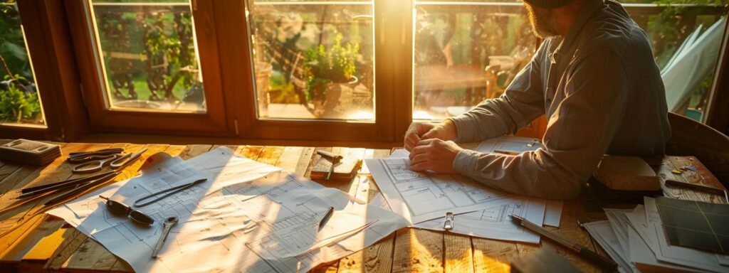 a vivid image of a homeowner reviewing detailed plumbing repair estimates by a sunny window, with plumbing tools and project blueprints spread out on a polished wooden table, reflecting a sense of informed decision-making.