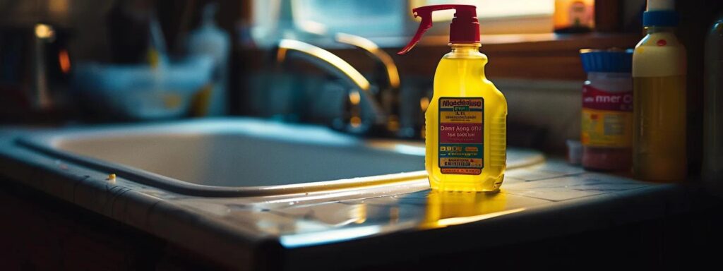 a vividly detailed close-up of a brightly colored bottle of chemical drain cleaner balanced precariously on the edge of a gleaming sink, illuminated by soft natural light that highlights the cautionary label, conveying a message of safety and environmental awareness.