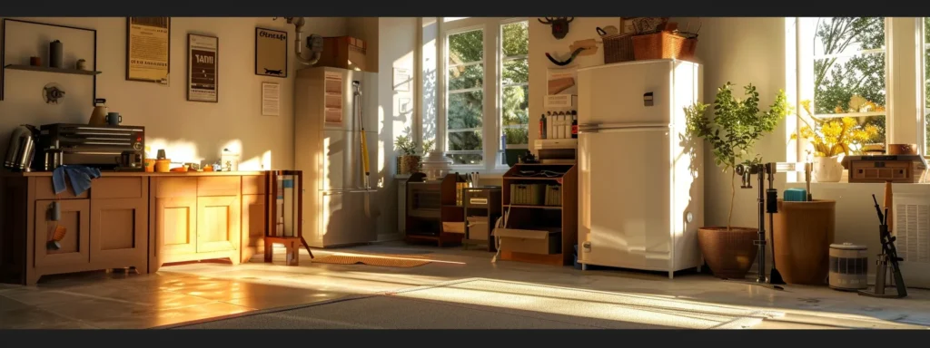 a well-organized, sunlit living room prepped for a plumbing service call, showcasing a neatly cleared area around a water heater and a visible plumbing toolbox, ensuring an efficient repair process.