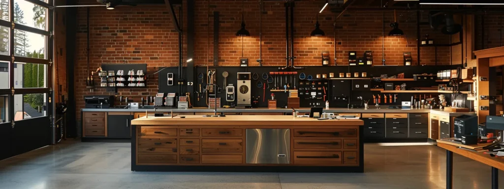 an inviting and modern plumbing workshop in tacoma, featuring gleaming tools and equipment against a backdrop of neatly organized service plans and customer-focused solutions, illuminated by soft, warm lighting that enhances the atmosphere of reliability and service excellence.