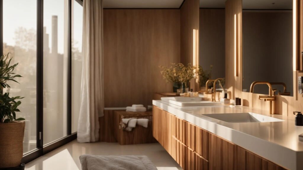 a gleaming, modern bathroom showcases a pristine sink with stylish plumbing fixtures, surrounded by a warm, ambient light streaming in from a frosted window, emphasizing the theme of reliable plumbing repair.