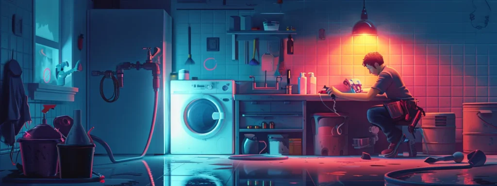 a dependable plumber in action, surrounded by tools and equipment, addresses a leaking pipe in an illuminated, emergency setting, conveying professionalism and urgency.