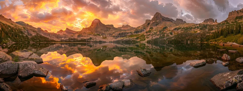 a breathtaking sunset casts a warm, golden glow over a tranquil lake, surrounded by towering mountains that reflect perfectly on the still water's surface.