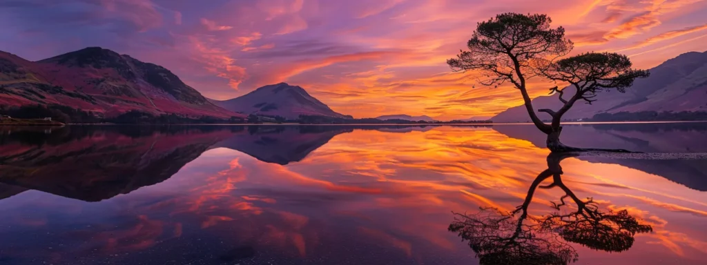 a breathtaking sunset casts vibrant oranges and purples across a tranquil lake, reflecting the spectacular colors on the glassy water surface, creating a serene and captivating atmosphere.