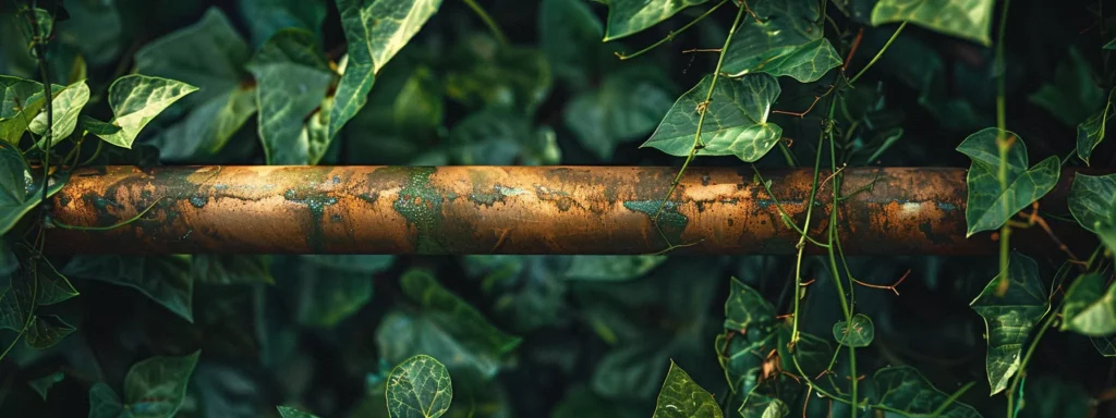 a close-up of a well-maintained, gleaming copper pipe entwined with lush green vines, symbolizing the balance between plumbing repairs and nature’s resilience.