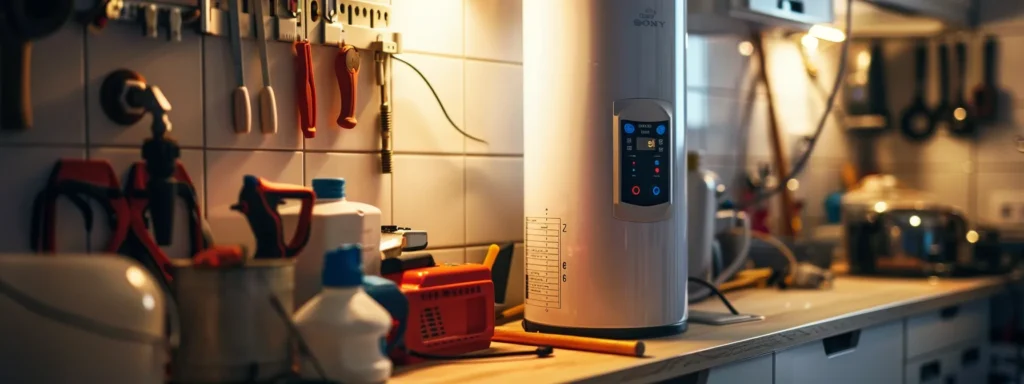 a close-up of a gleaming water heater surrounded by tools and a checklist for inspections, illuminated by soft, warm lighting to emphasize the importance of regular maintenance for optimal efficiency.