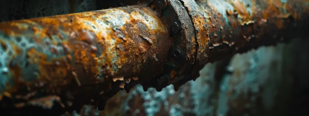 a close-up view of a pipe system revealing rust and moisture accumulation, illuminated by soft, natural light, emphasizes the urgent need for repair as it highlights the potential damage and deterioration affecting a home.