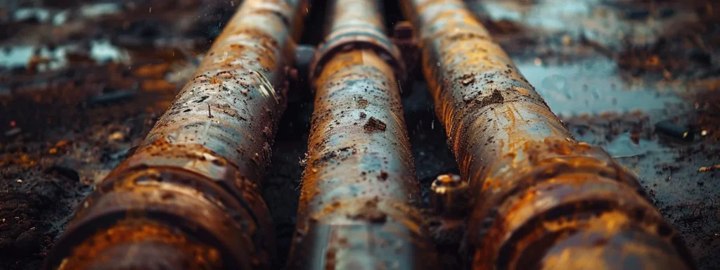 a close-up view of rusted steel pipes surrounded by damp soil, with signs of slow drainage and visible water leakage, illuminated by soft, natural light that highlights the urgency of plumbing issues.