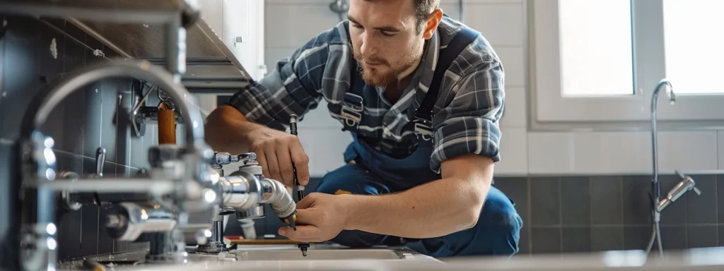 a dynamic plumber in action, expertly fixing a complex pipe system in a modern, well-lit bathroom, surrounded by tools and plumbing materials that reflect professionalism and efficiency.