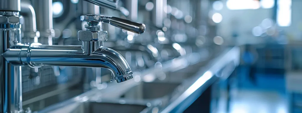 a gleaming, modern commercial kitchen showcases high-quality plumbing installations and filtration systems, reflecting a commitment to safety and hygiene under bright, natural lighting.