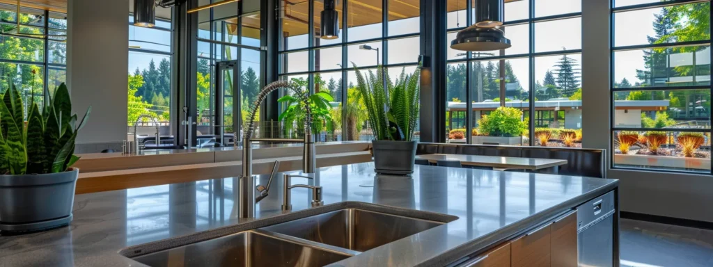 a gleaming, modern commercial kitchen in tacoma, showcasing efficient plumbing systems with vibrant stainless steel fixtures, bathed in warm, natural light, symbolizing the seamless integration of reliable plumbing solutions that enhance business productivity.
