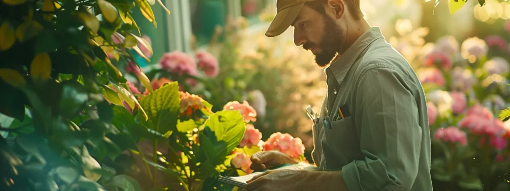 a professional plumber in a pristine green garden diligently inspects the plumbing system, surrounded by vibrant flowers and lush greenery, under soft, diffused sunlight that highlights their expertise and attention to detail.