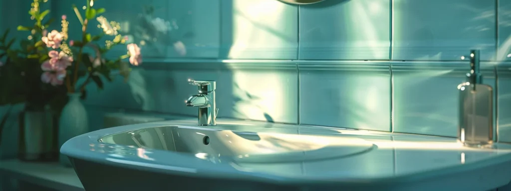 a serene bathroom scene captures a gleaming, modern sink with a newly fixed, shimmering faucet and a clean, uncluttered space, symbolizing the satisfaction of efficient plumbing solutions.