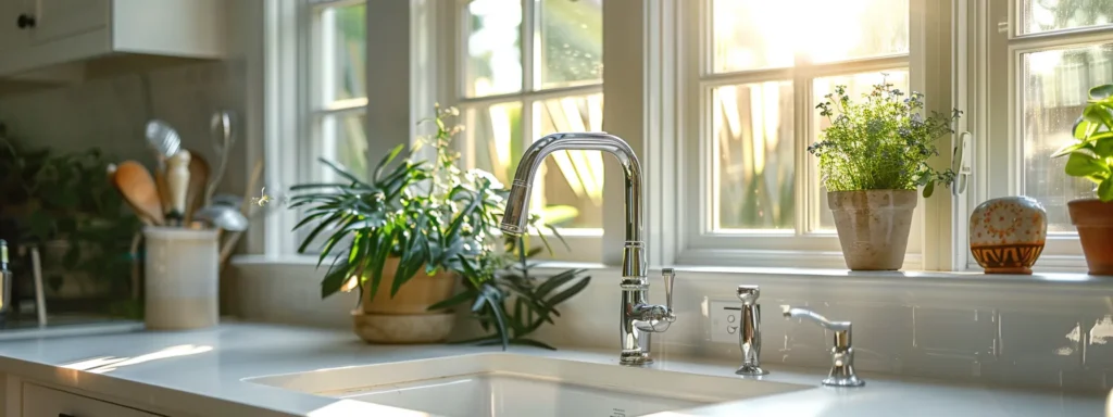 a serene interior featuring a well-maintained kitchen sink, gleaming with polished fixtures and showcasing a subtle leak detection system, bathed in soft, natural light to emphasize the importance of regular plumbing maintenance.