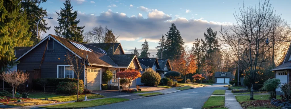 a serene tacoma neighborhood featuring a cozy home with visible plumbing features, bathed in soft afternoon light, symbolizing the importance of proactive plumbing maintenance for homeowners.