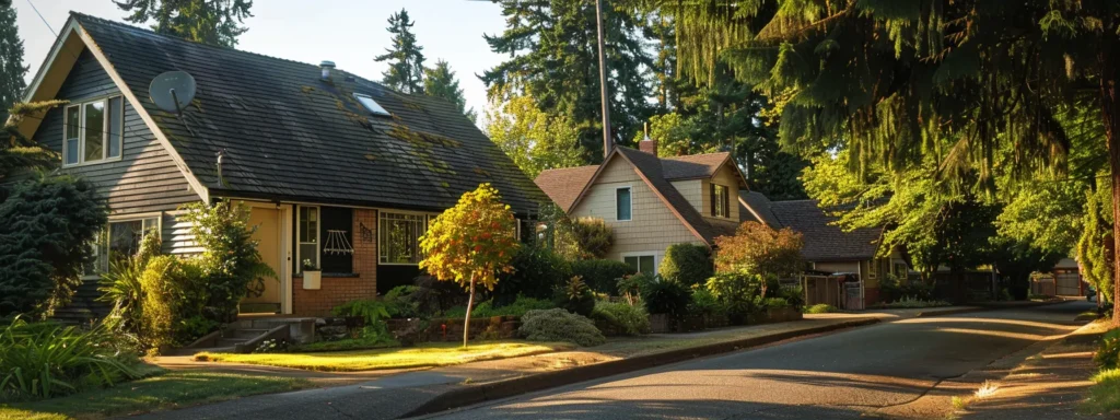 a serene tacoma neighborhood showcases a charming, well-maintained home with lush greenery, symbolizing the reassuring quality and reliability of affordable plumbing services, bathed in the warm glow of golden hour sunlight.