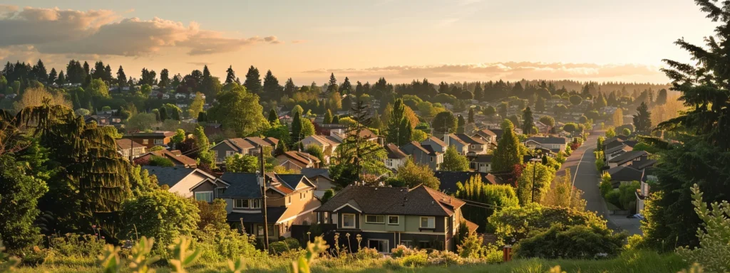 a serene tacoma neighborhood showcases a skilled plumber diligently fixing a pipeline, surrounded by vibrant greenery and modern homes, conveying the peace of mind that reliable plumbing brings to homeowners.