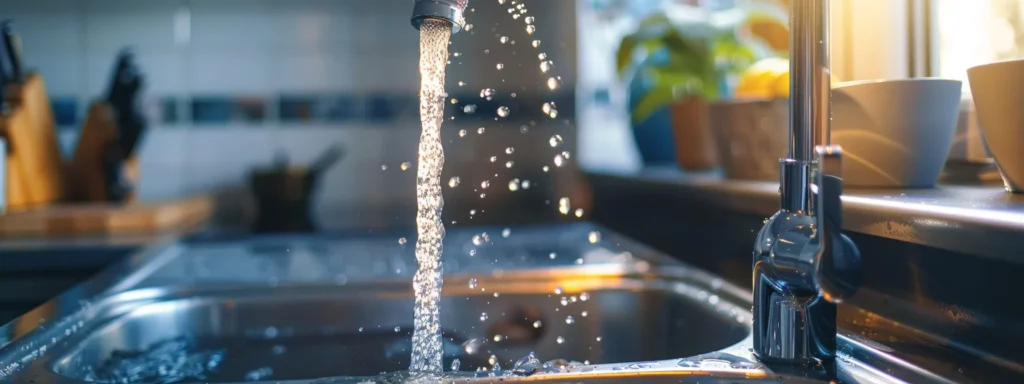 a serene, well-lit kitchen featuring gleaming, efficient plumbing fixtures and flowing water, symbolizing the benefits of proactive maintenance and the comfort of a healthy home environment.