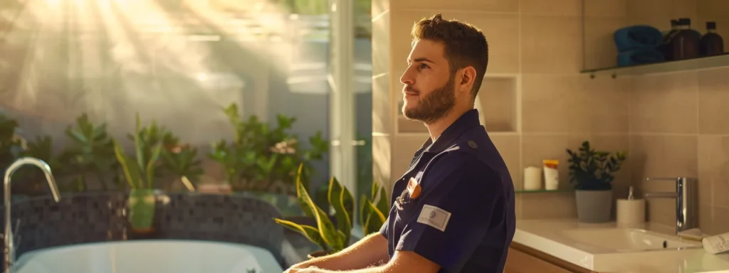 a skilled licensed plumber confidently inspects a gleaming, modern bathroom, bathed in warm soft light, showcasing their expertise and commitment to quality workmanship in a pristine residential setting.