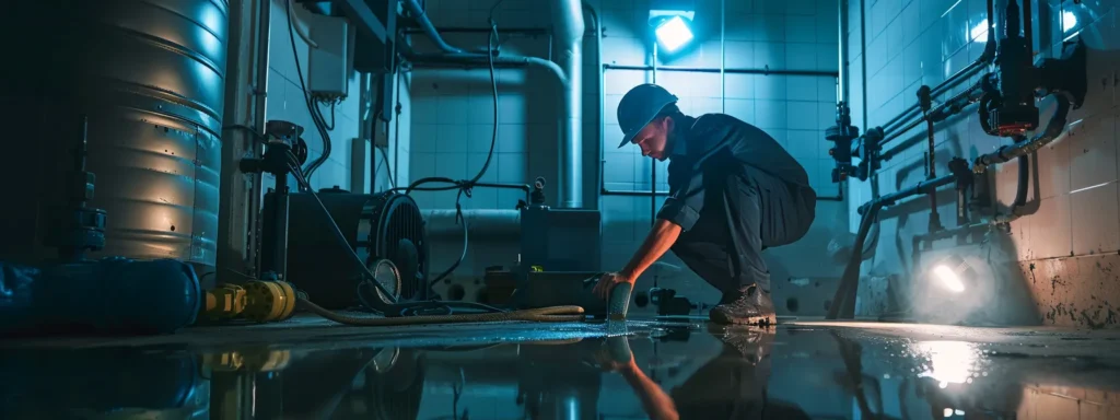 a skilled plumber inspecting a complex sewage system in a well-lit basement, highlighting the importance of professional expertise in preventing major repairs.