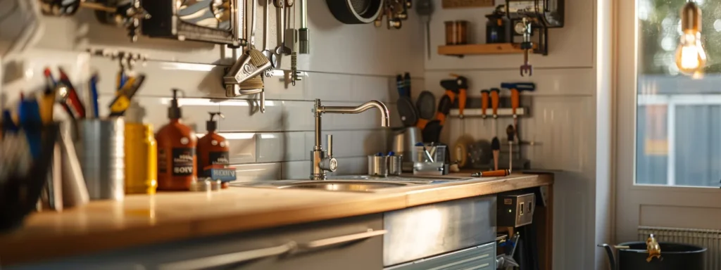 a sleek, modern plumbing workspace showcases an array of budget-friendly plumbing tools and equipment, bathed in warm, inviting lighting that highlights the efficiency and accessibility of essential home repair services.