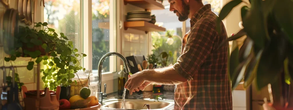 a vibrant, inviting kitchen scene showcases a homeowner confidently repairing a leaky faucet, emphasizing diy plumbing solutions amidst bright natural light filtering through a nearby window.