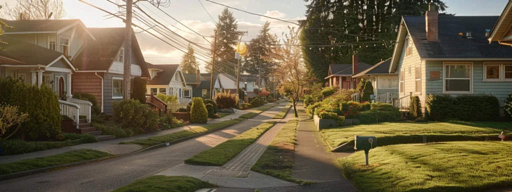 a vibrant, sunlit tacoma neighborhood showcases a row of well-maintained homes, each featuring distinctive plumbing system access points, symbolizing the importance of proactive plumbing maintenance for homeowners.
