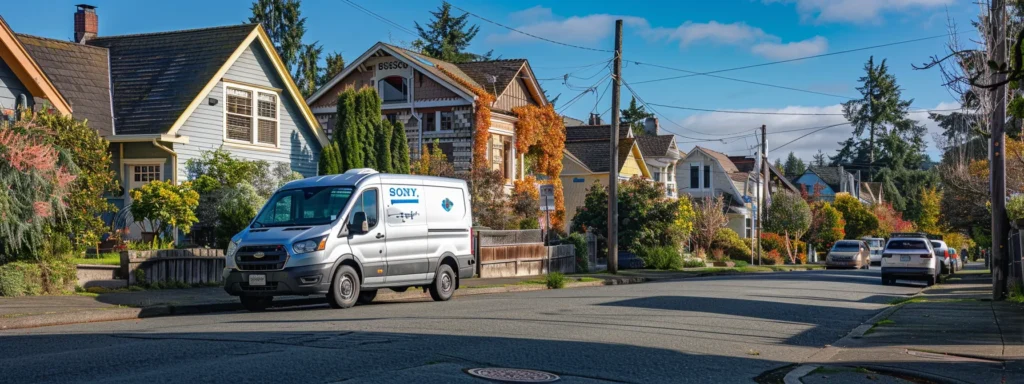 a vibrant urban scene showcases a modern plumbing service van parked in front of a charming tacoma home, under a clear blue sky, exuding reliability and community trust.