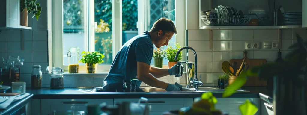 a vivid illustration of a plumber diligently repairing a burst pipe in a brightly lit, modern kitchen, highlighting the urgency and importance of timely plumbing maintenance to ensure safe drinking water and efficient home systems.