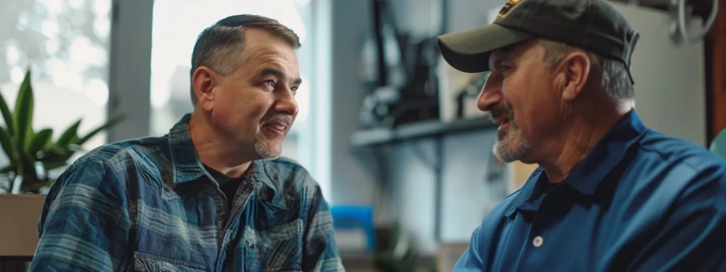 a warm and inviting scene of a skilled local plumber engaging with a satisfied business owner in a well-lit tacoma office, showcasing a sense of trust and partnership in their long-term relationship.