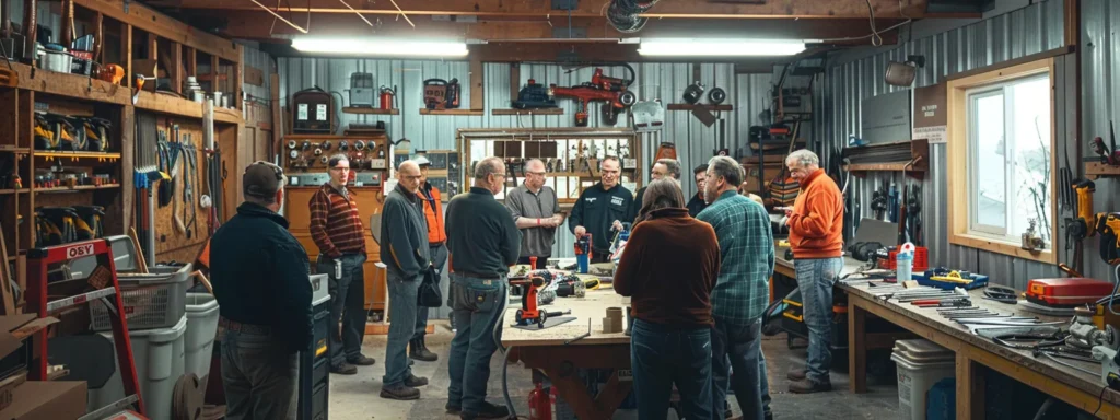 a well-lit, open workshop filled with homeowners attentively gathering around a knowledgeable instructor demonstrating effective pipe repair techniques, surrounded by plumbing tools and instructional materials.