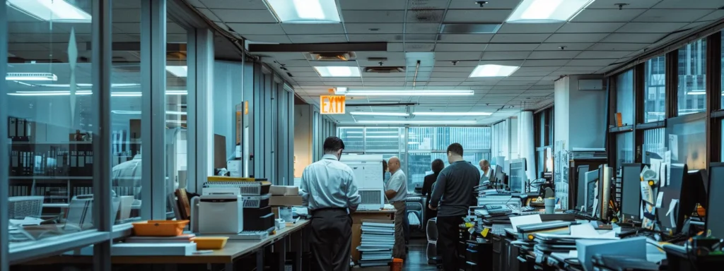 a bustling nyc office interior showcases a technician urgently diagnosing a malfunctioning hvac unit, under bright fluorescent lights, surrounded by tools and equipment, reflecting the high stakes of maintaining climate control in a busy urban environment.