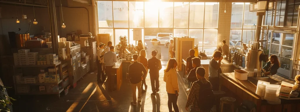 a bustling tacoma business scene illuminated by warm sunlight, featuring a diverse group of professionals gathered around a state-of-the-art plumbing system, symbolizing trust and reliability in commercial plumbing services.