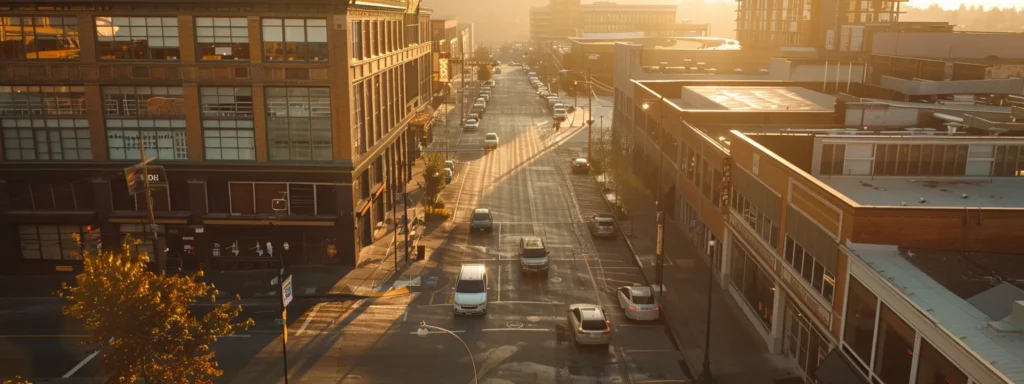 a bustling tacoma commercial district showcases a skilled plumber expertly working on a complex piping system, illuminated by warm, golden hour sunlight filtering through nearby buildings, highlighting the importance of quality service in urban infrastructure.