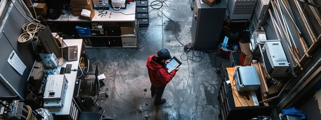 a bustling urban office environment showcases a professional hvac technician reviewing service requests on a tablet, surrounded by easily accessible heating and cooling equipment, emphasizing the importance of reliable emergency ac repair services in a fast-paced city like nyc.