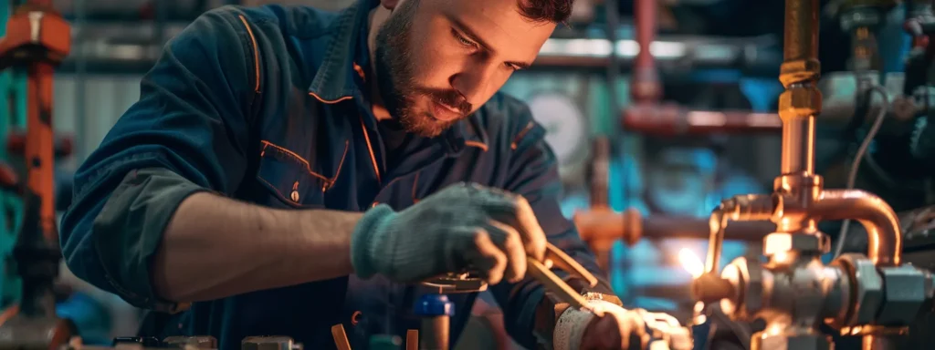a close-up shot of a skilled technician confidently repairing a gleaming copper pipe against a backdrop of industrial tools, illuminated by soft, ambient light that highlights the texture and shine of the materials.