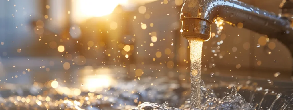 a close-up of a gleaming, newly repaired kitchen faucet with water droplets glistening in the soft morning light, symbolizing the satisfaction of resolving plumbing issues and maintaining a home's functionality.