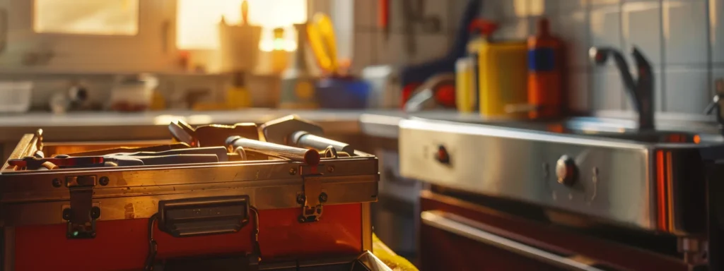 a close-up shot of a gleaming, professional plumber's toolbox brimming with essential tools, set against a backdrop of a bright, modern kitchen with subtle signs of a minor plumbing leak, illuminated by warm, natural light streaming through a nearby window.