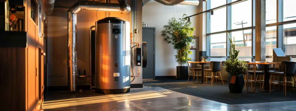 a commercial water heater installed in a modern tacoma business, showcasing sleek efficiency and robust design against a backdrop of dynamic industrial elements, with warm lighting highlighting its safety features and compliance standards.