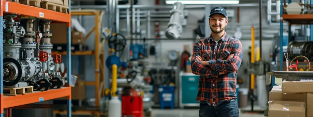 a confident commercial plumbing contractor inspects a complex natural gas system in a well-lit tacoma warehouse, surrounded by essential tools and equipment, showcasing professionalism and expertise.