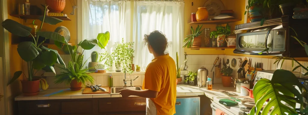 a confident homeowner reviews detailed plumbing estimates in a bright, sunlit kitchen, surrounded by colorful plumbing tools and vibrant houseplants, symbolizing careful planning and the pursuit of reliable, affordable services.