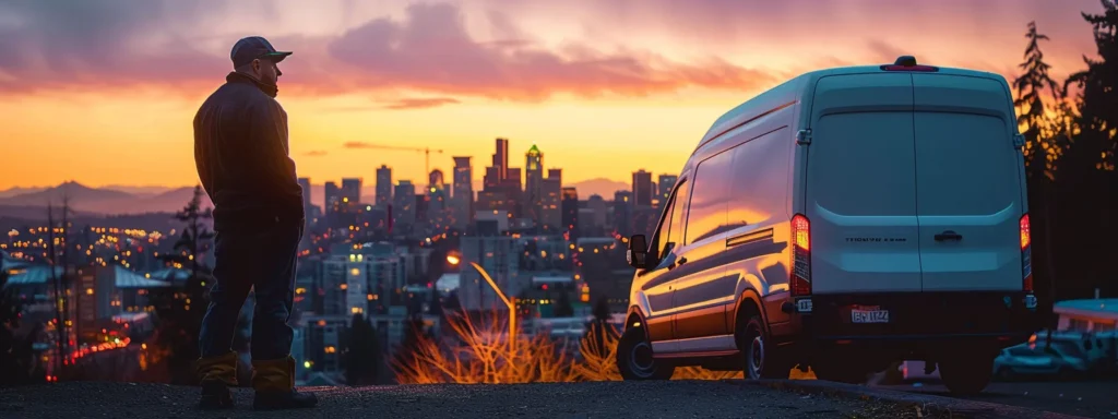 a confident plumber in a well-equipped service van stands ready beside a gleaming tacoma skyline, illuminated by the warm glow of evening light, symbolizing reliability and professionalism in emergency plumbing services.