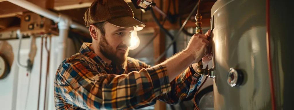 a confident, skilled plumber expertly repairs a water heater in a well-lit tacoma home, showcasing the harmony between quality workmanship and affordability.